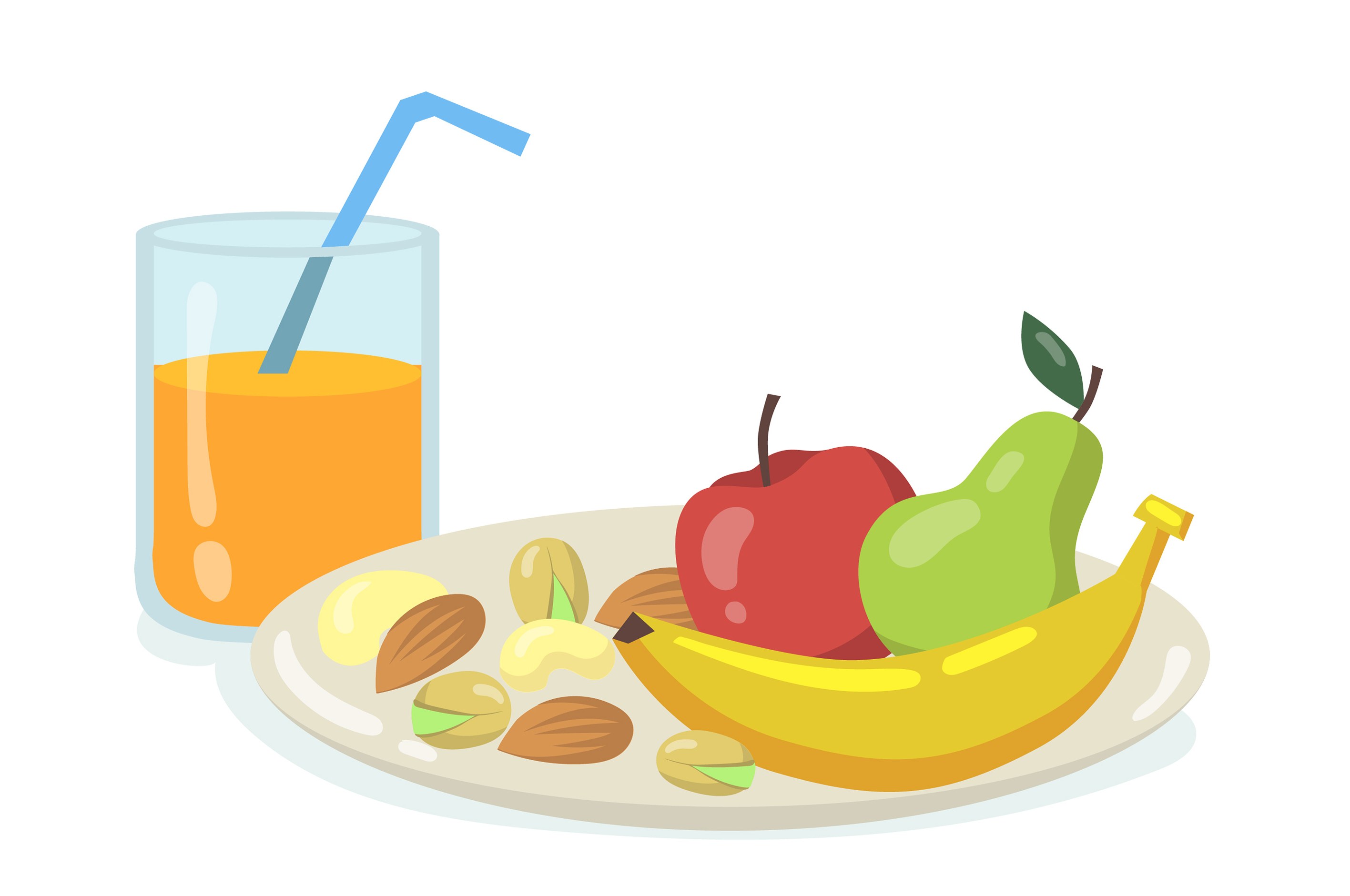 Grafika przedstawiająca szklanke soku obok talerza z owocami